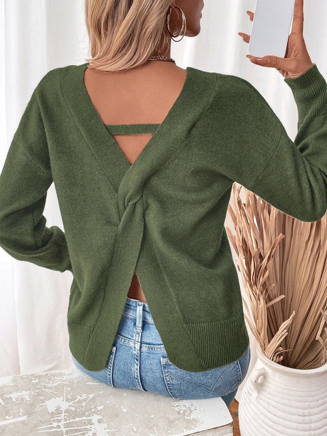 Perfee Twisted V-Neck Long Sleeve Sweatshirt