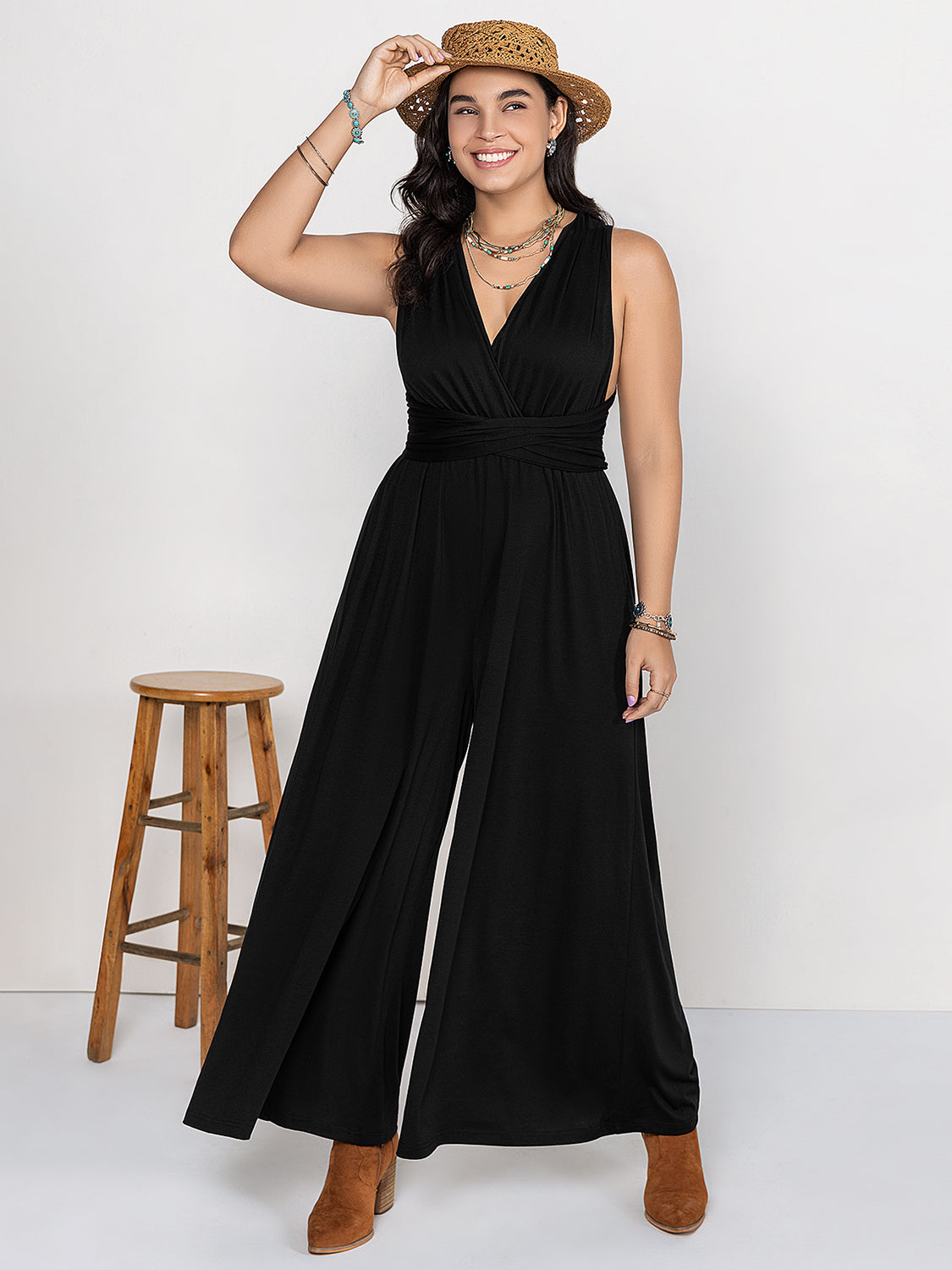 Plus Size V-Neck Wide Leg Jumpsuit