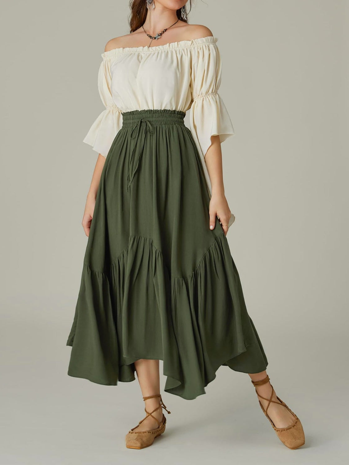 Smocked Waist Band Ruched Layered Skirt