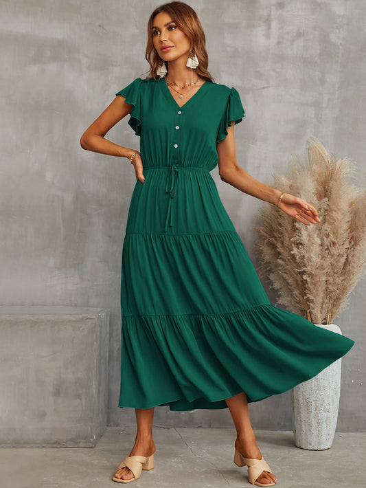 Drawstring Flutter Sleeve Tiered Midi Dress