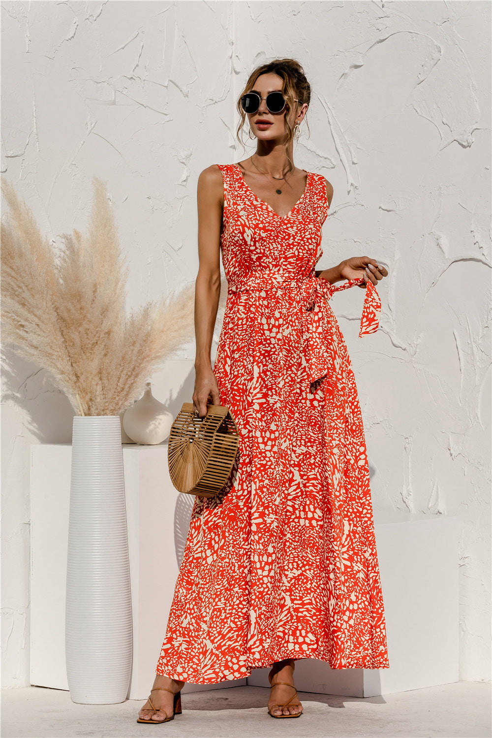 Leopard V Neck Tie Maxi Dress