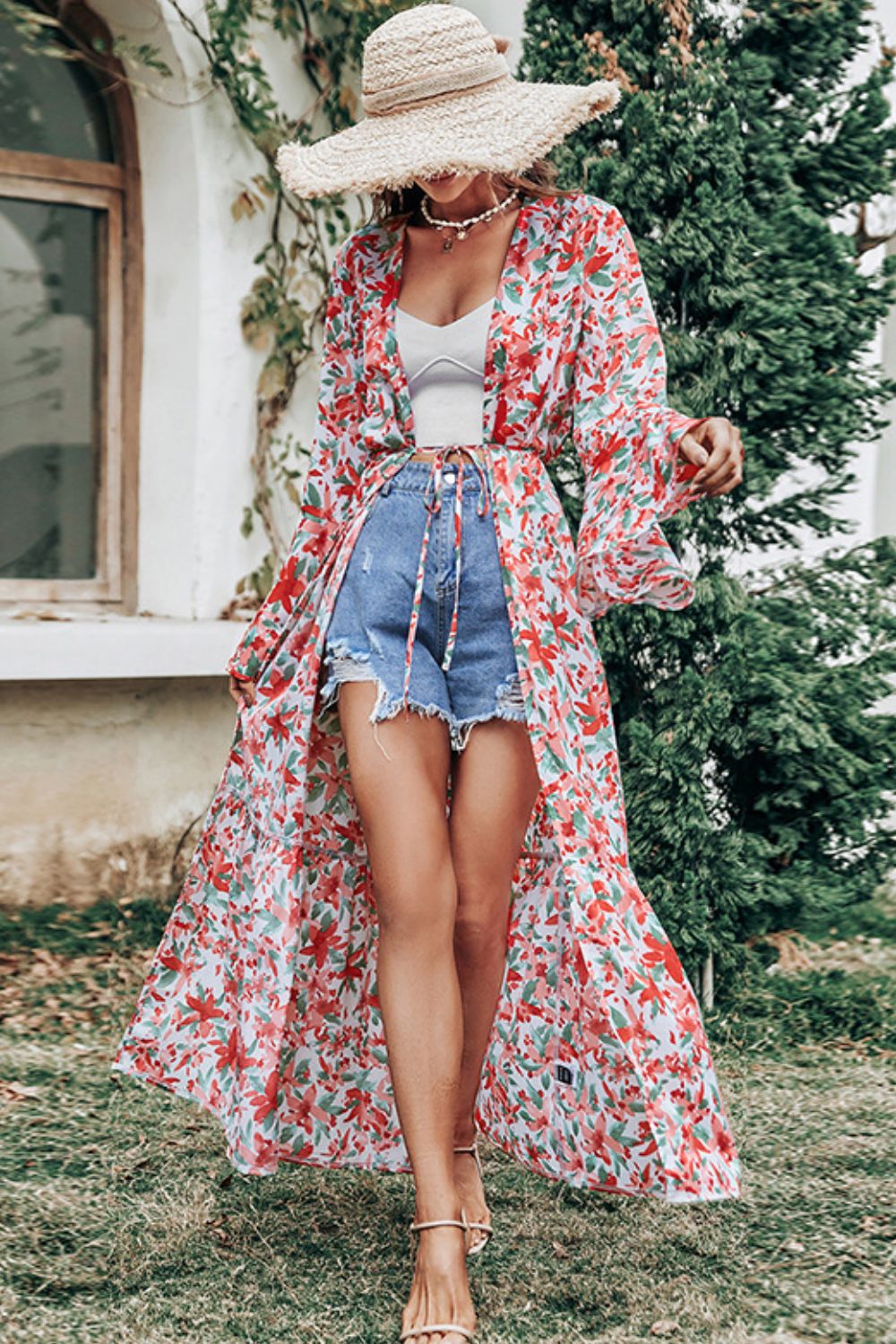 Floral Tie Waist Bell Sleeve Duster Kimono