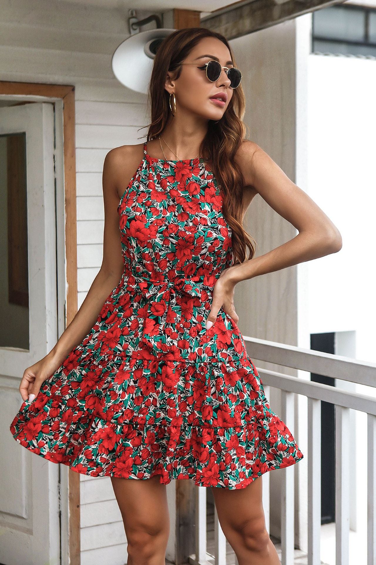 Ditsy Floral Tie Waist Ruffled Hem Dress