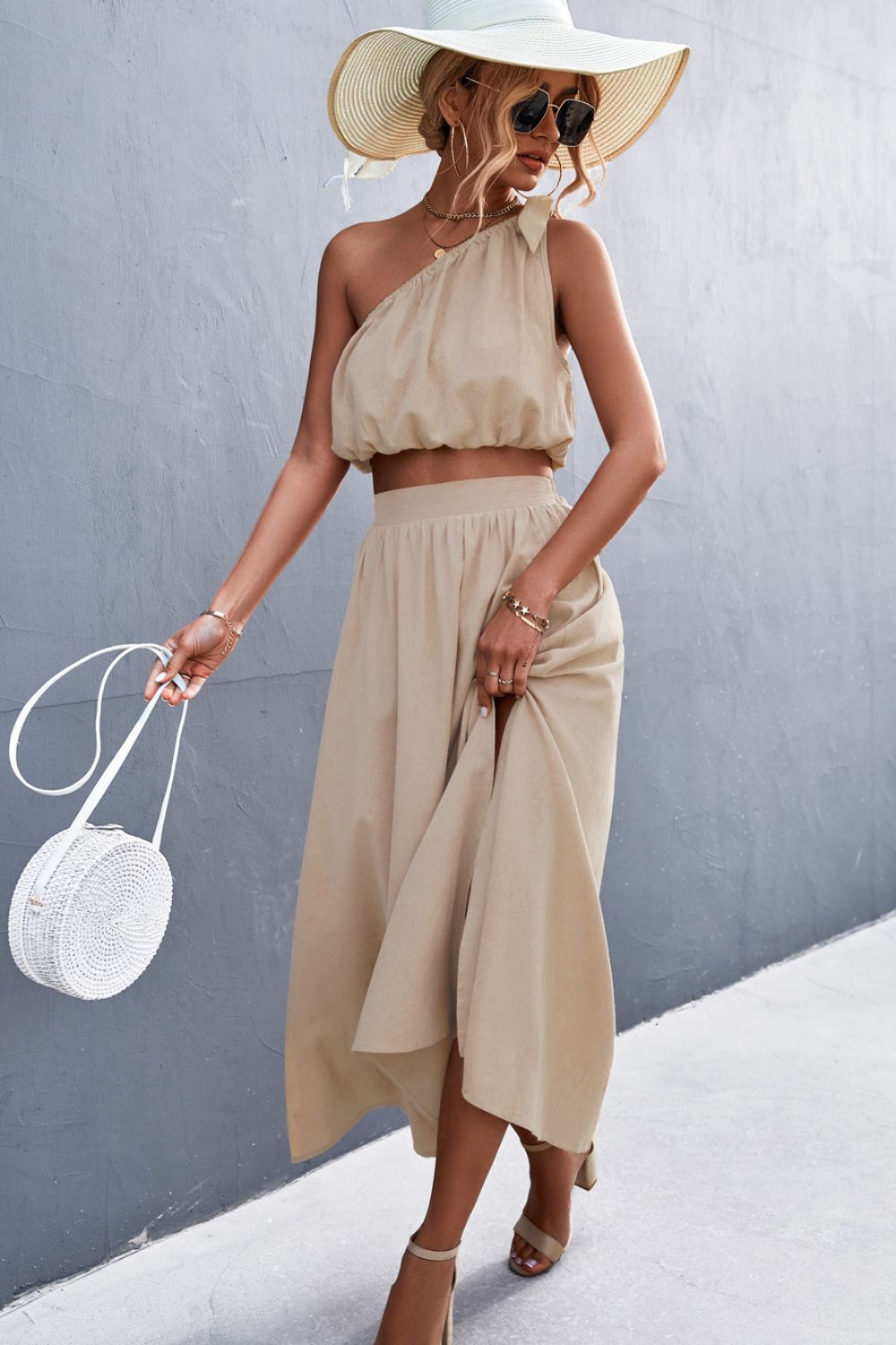 One-Shoulder Sleeveless Cropped Top and Maxi Skirt Set