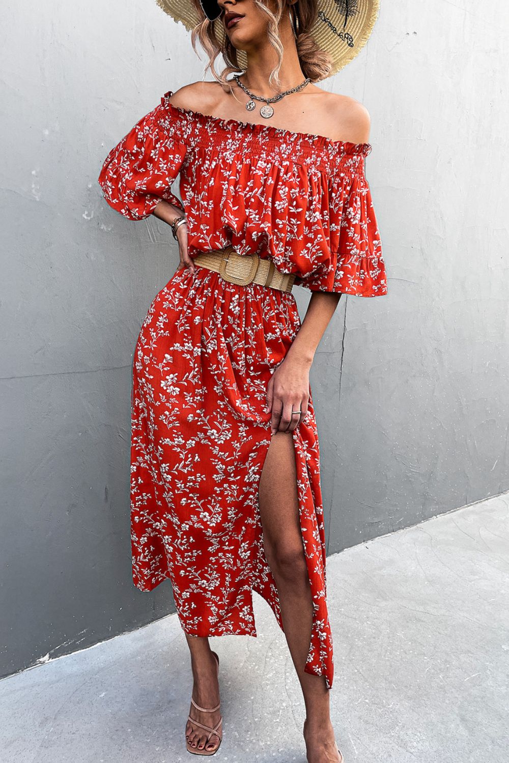 Floral Front Slit Off-Shoulder Maxi Dress ( Belt Not Included)