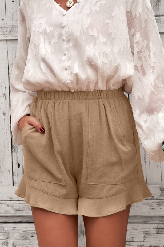 High Waist Ruffle Hem Pocketed Shorts