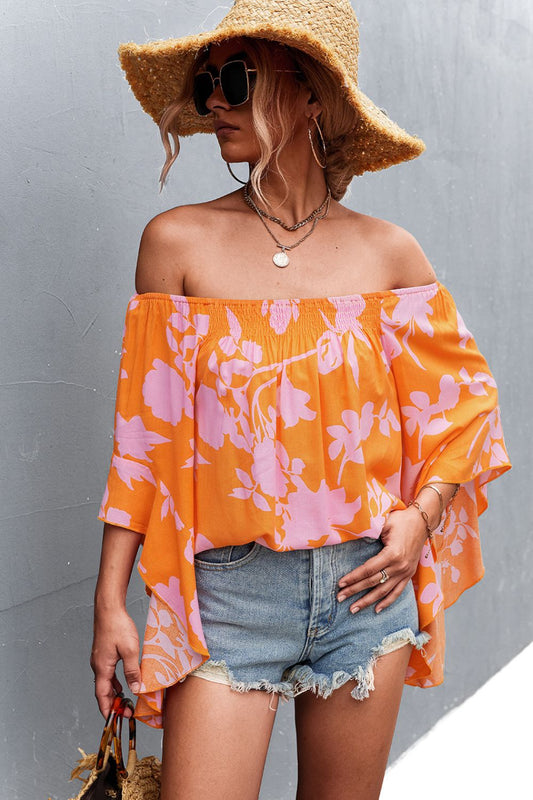 Floral Smocked Bell Sleeve Off-Shoulder Top