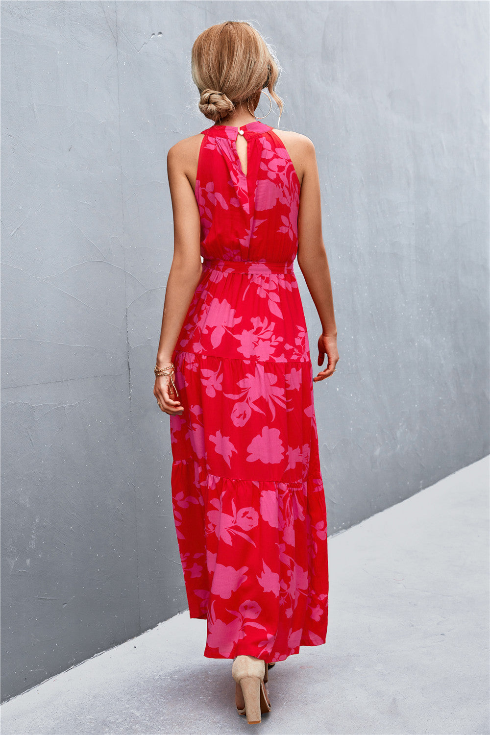 Printed Sleeveless Tie-Waist Maxi Dress