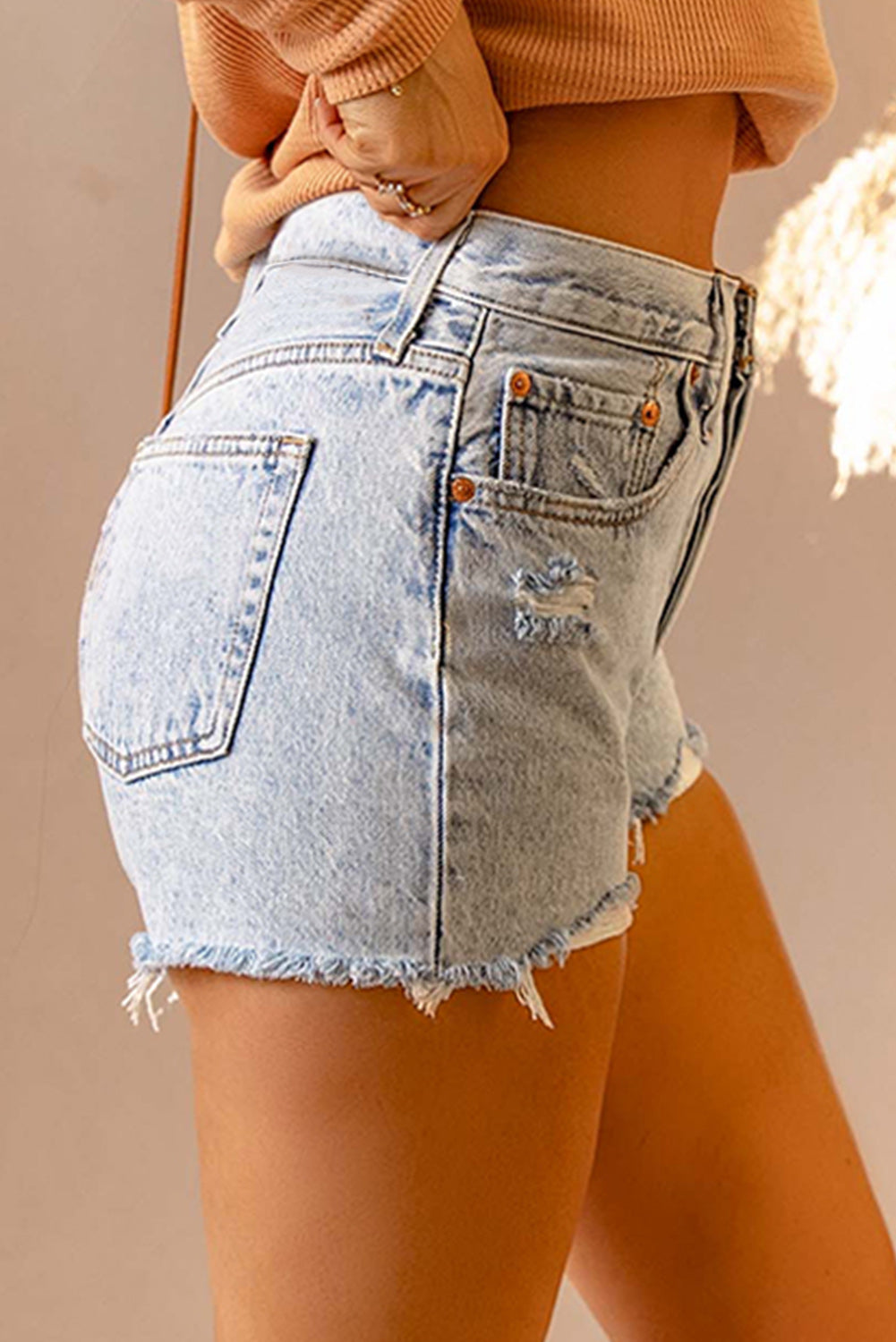 Distressed Raw Hem Denim Shorts with Belt Loops