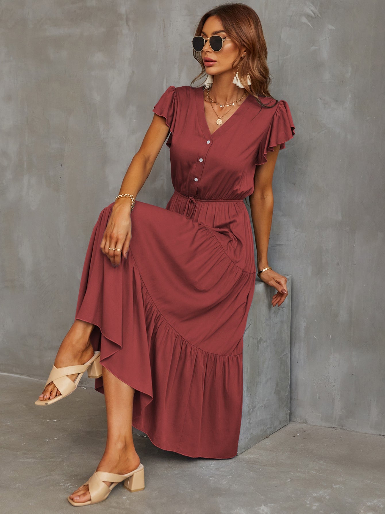 Drawstring Flutter Sleeve Tiered Midi Dress