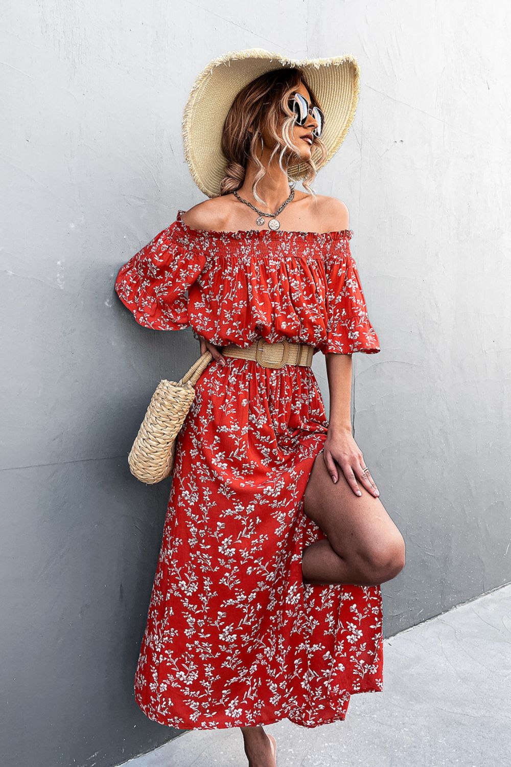 Floral Front Slit Off-Shoulder Maxi Dress ( Belt Not Included)