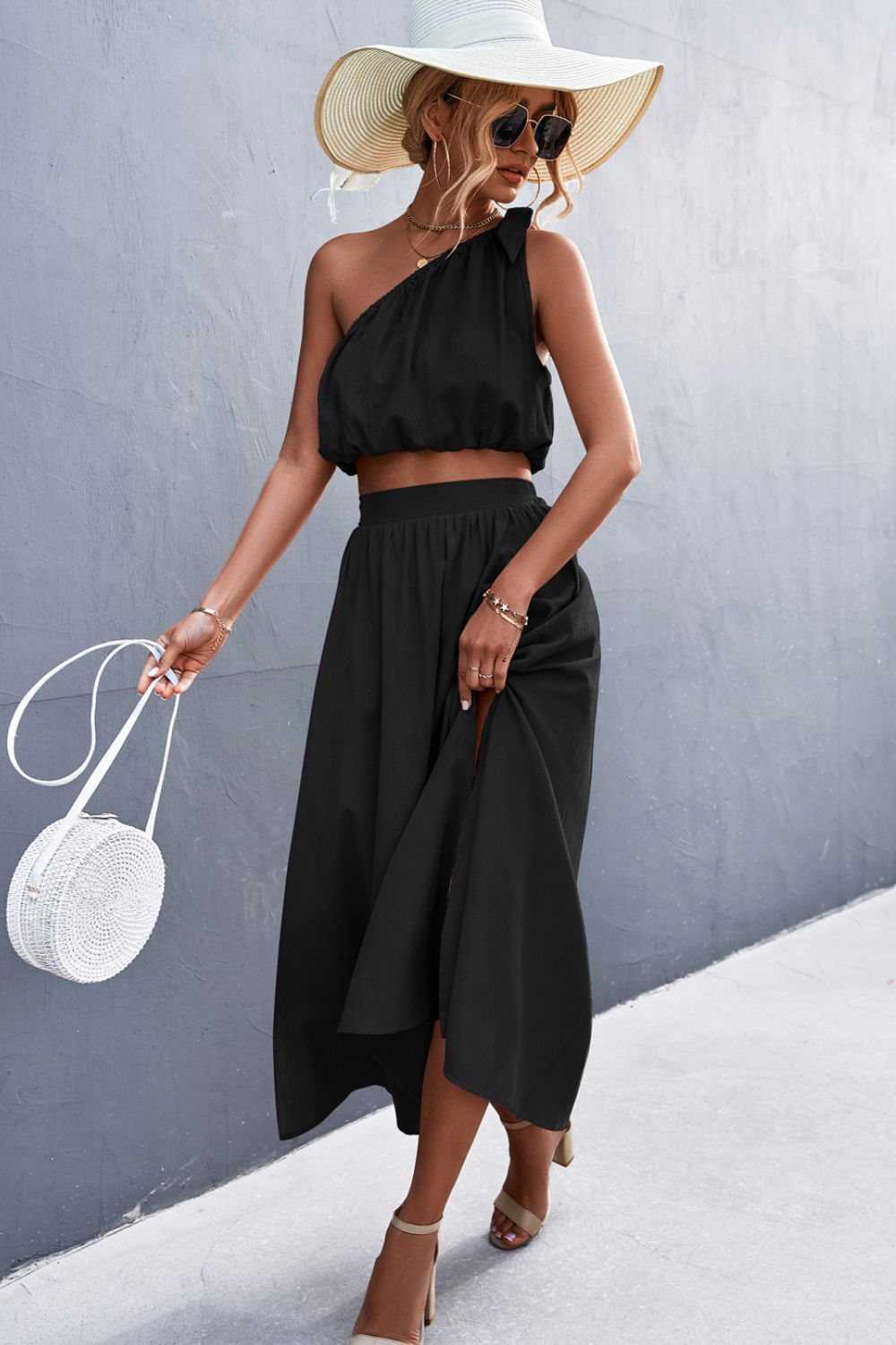 One-Shoulder Sleeveless Cropped Top and Maxi Skirt Set