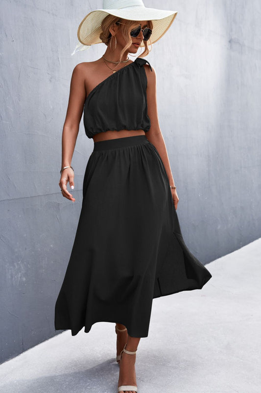 One-Shoulder Sleeveless Cropped Top and Maxi Skirt Set