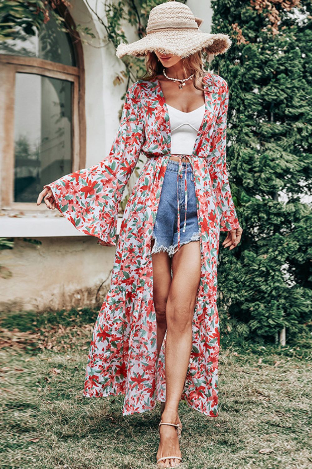 Floral Tie Waist Bell Sleeve Duster Kimono