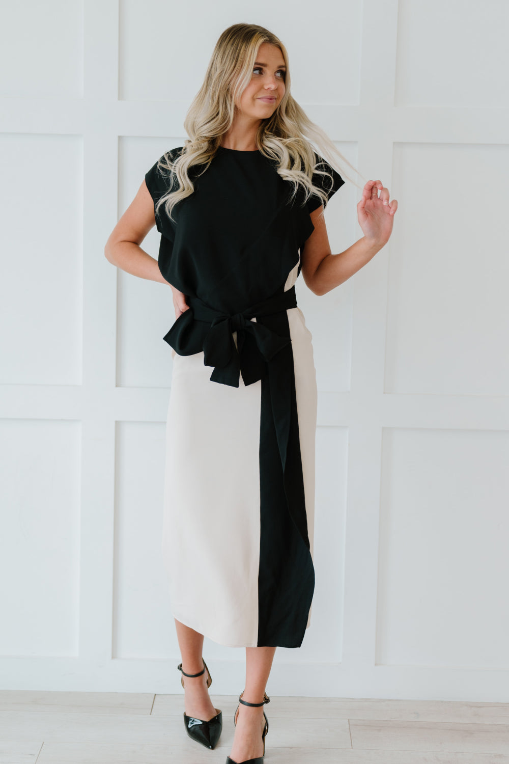 Two-Tone Asymmetrical Belted Midi Dress