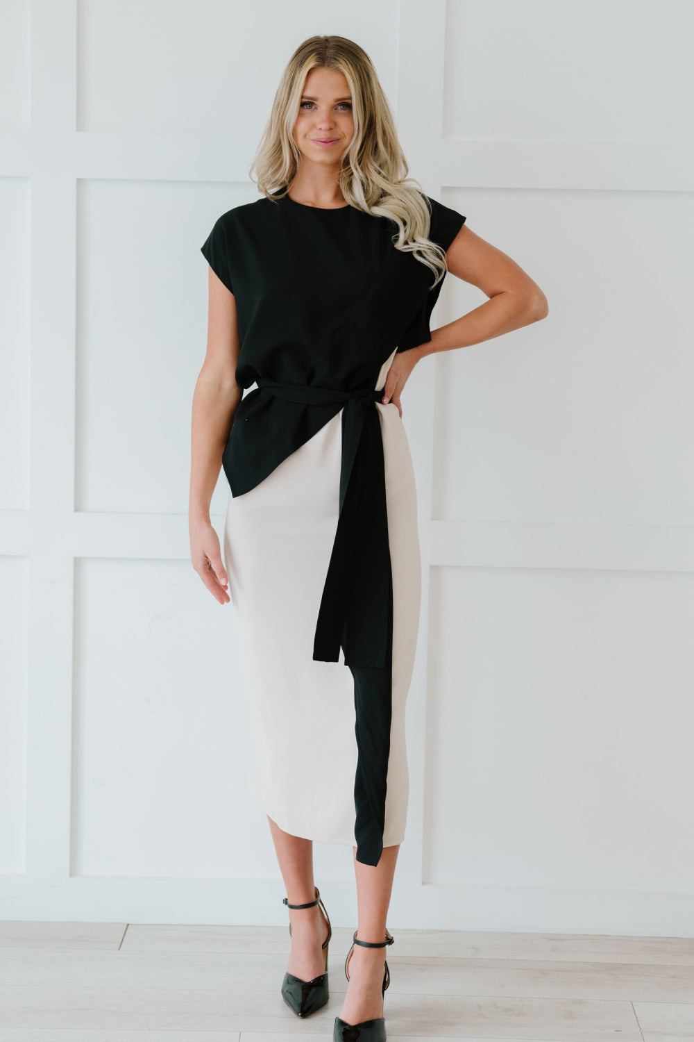 Two-Tone Asymmetrical Belted Midi Dress