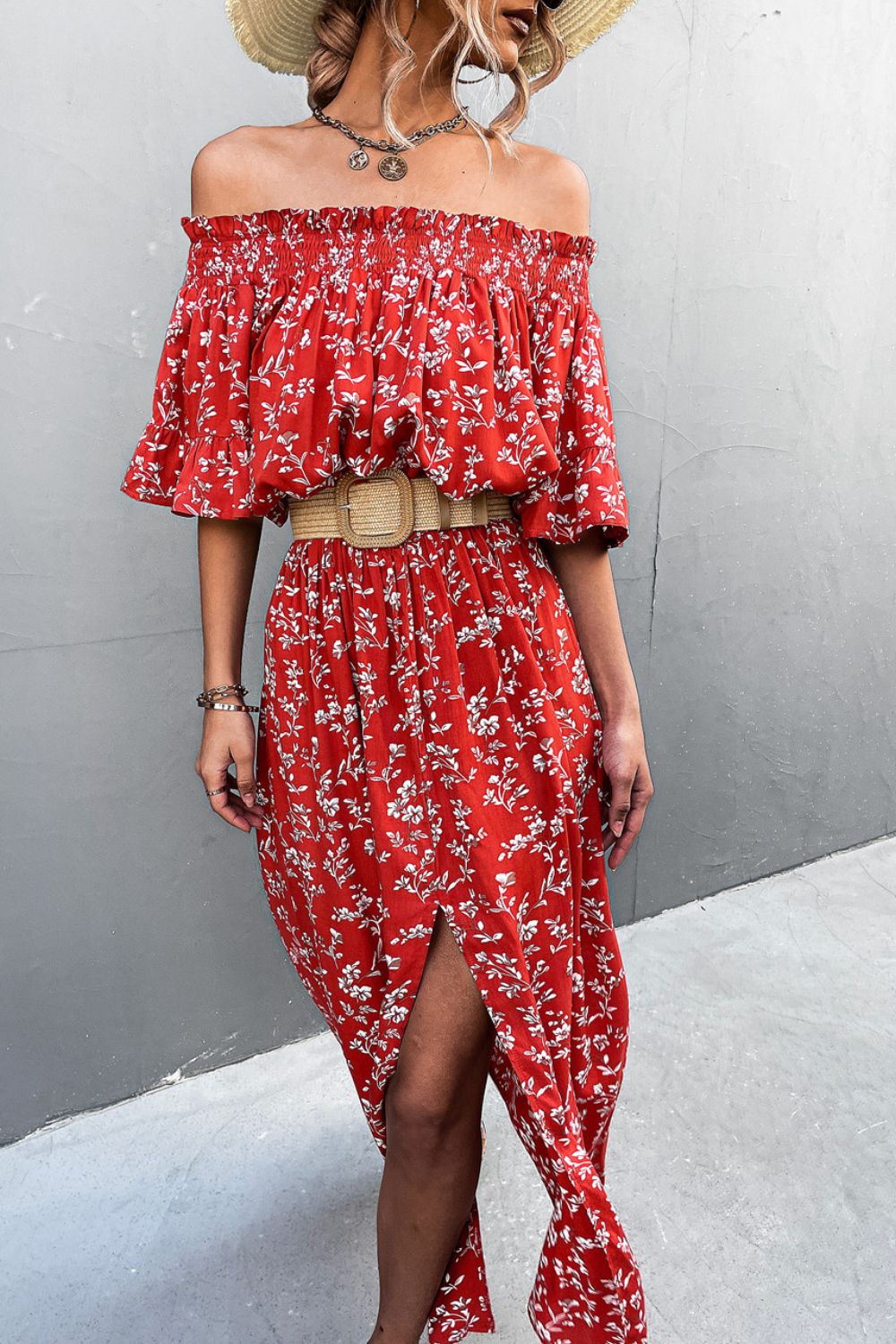 Floral Front Slit Off-Shoulder Maxi Dress ( Belt Not Included)