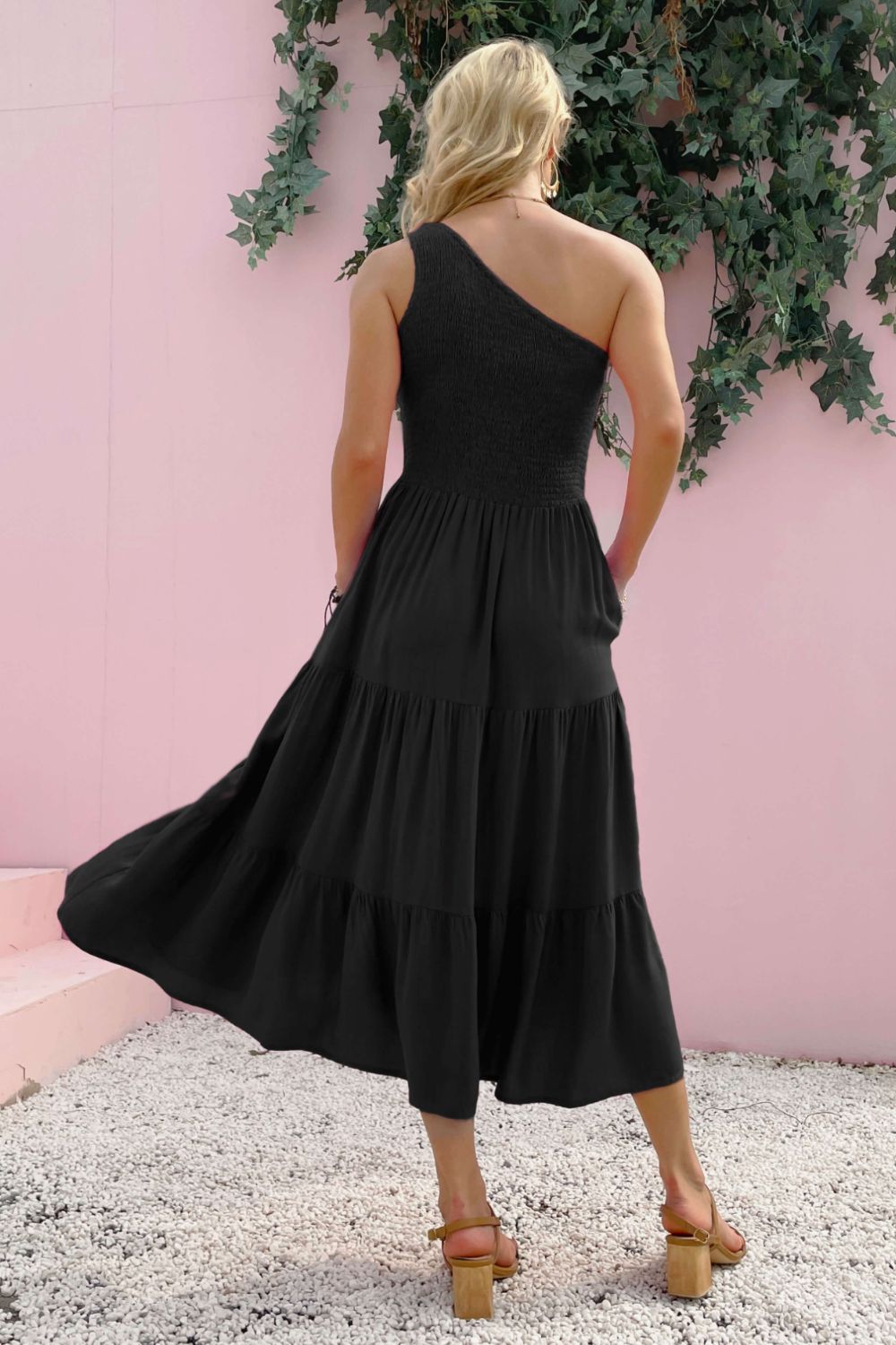 Smocked One-Shoulder Sleeveless Tiered Dress