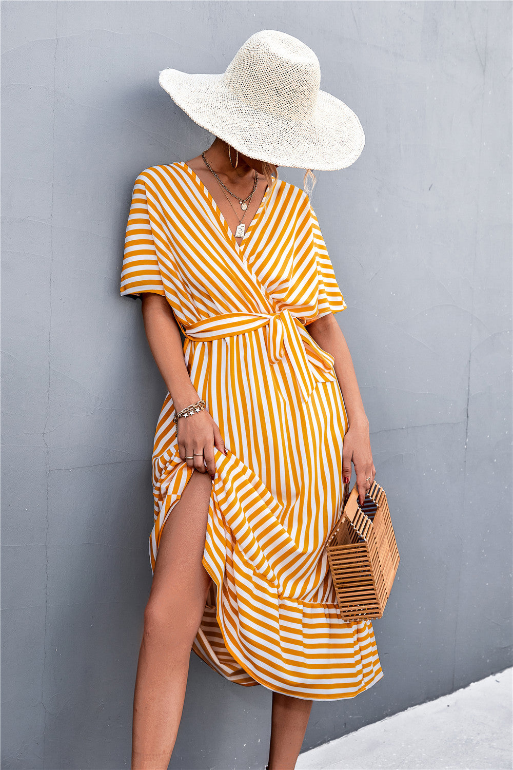 Striped Dolman Sleeve Tie-Waist Surplice Dress