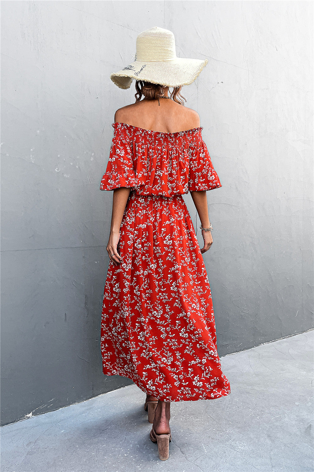 Floral Front Slit Off-Shoulder Maxi Dress ( Belt Not Included)