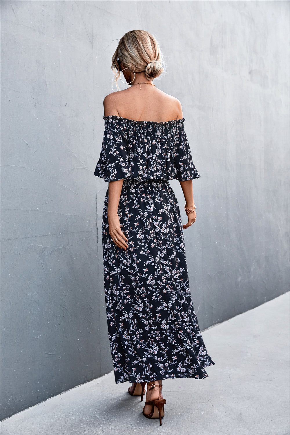 Floral Front Slit Off-Shoulder Maxi Dress ( Belt Not Included)