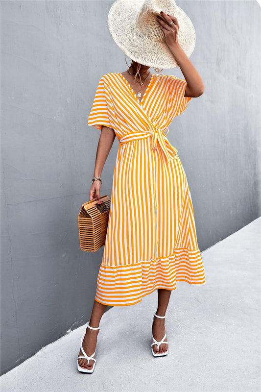 Striped Dolman Sleeve Tie-Waist Surplice Dress