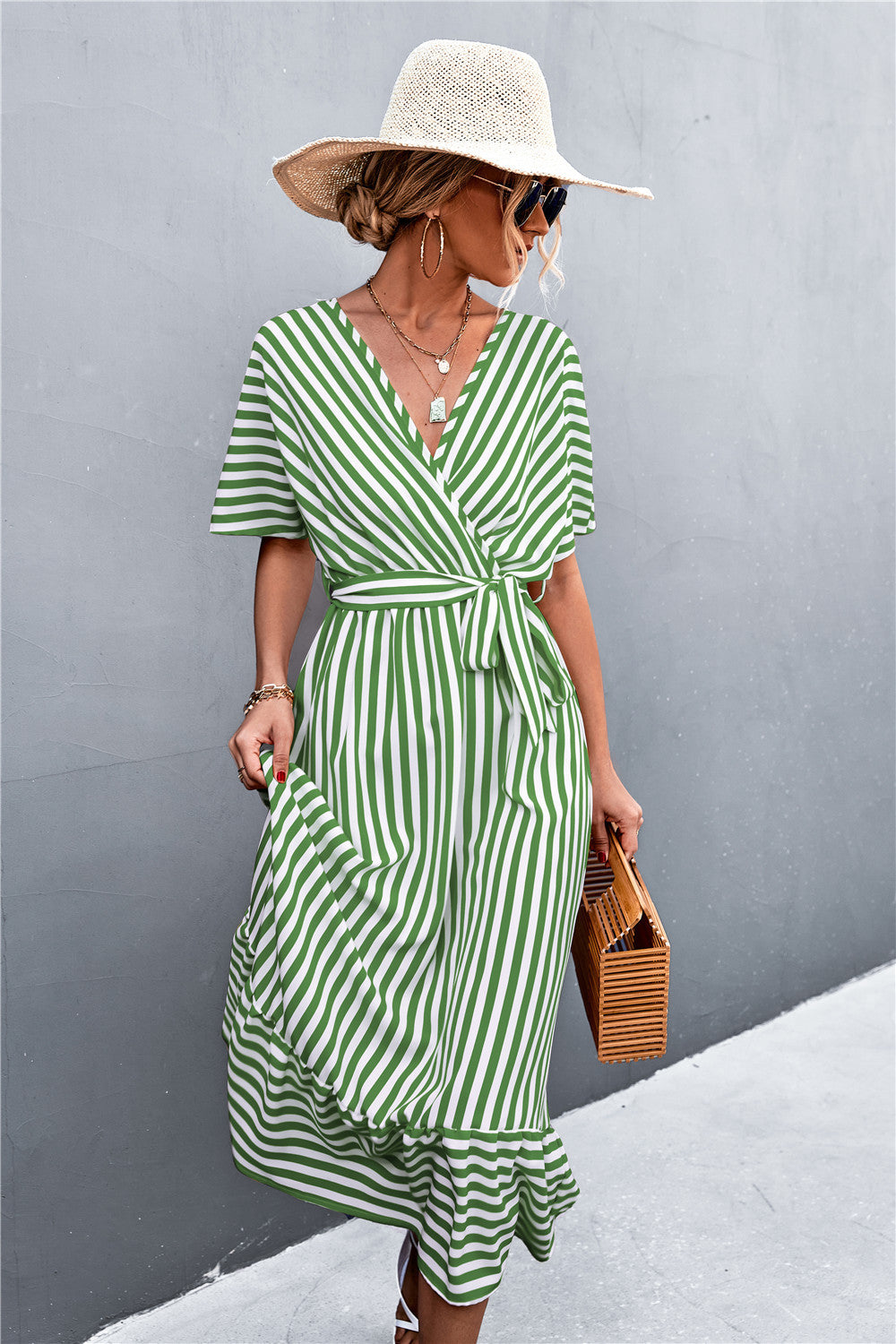 Striped Dolman Sleeve Tie-Waist Surplice Dress