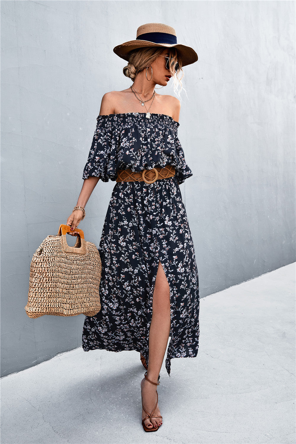 Floral Front Slit Off-Shoulder Maxi Dress ( Belt Not Included)