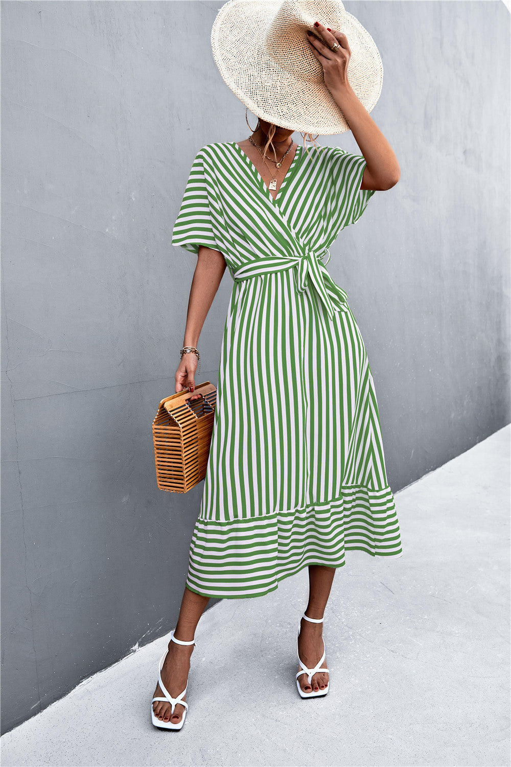 Striped Dolman Sleeve Tie-Waist Surplice Dress