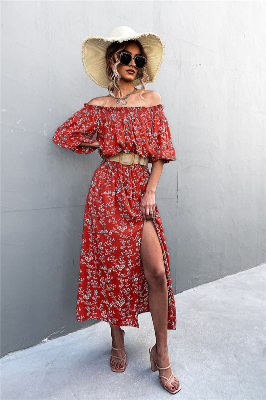 Floral Front Slit Off-Shoulder Maxi Dress ( Belt Not Included)