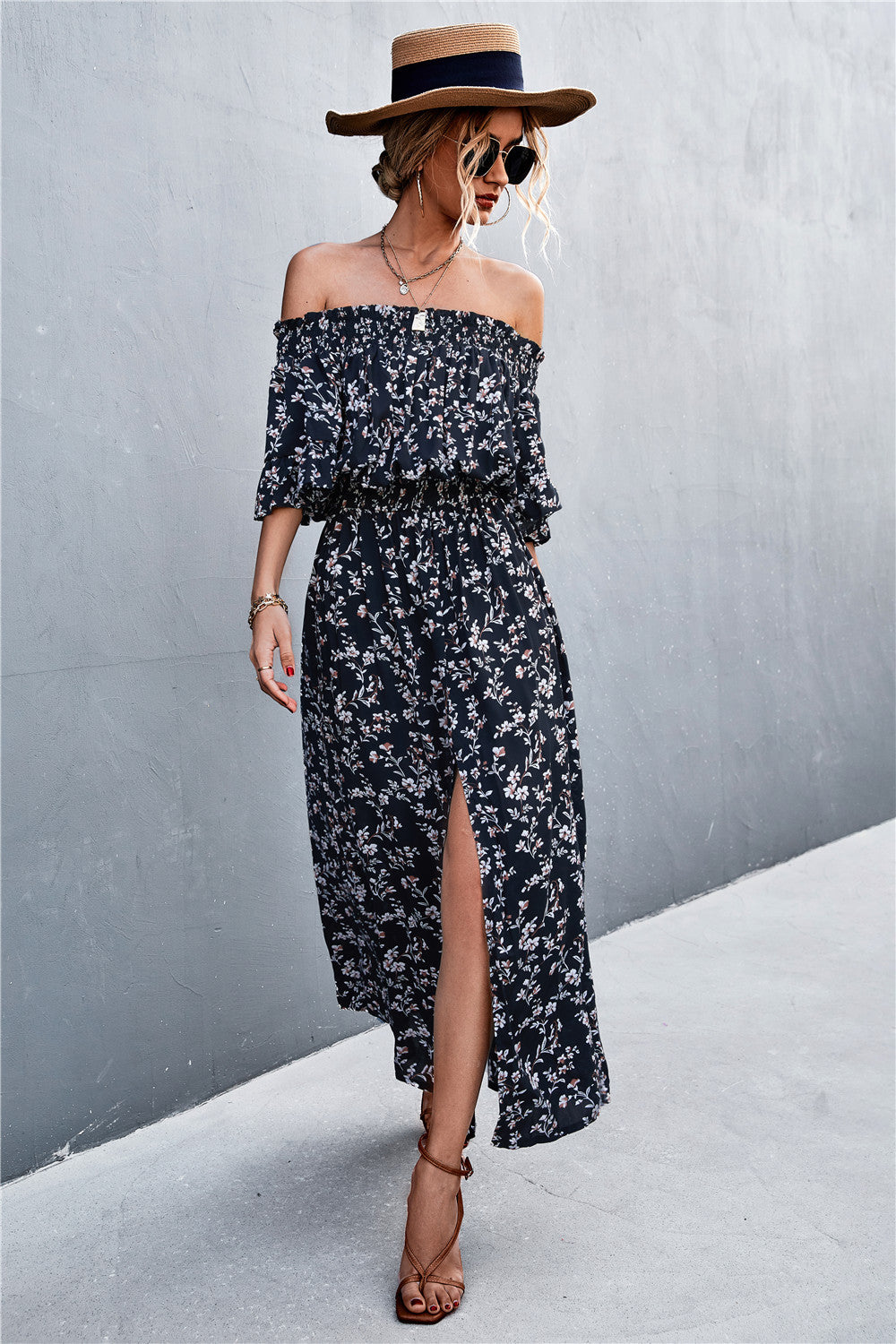 Floral Front Slit Off-Shoulder Maxi Dress ( Belt Not Included)