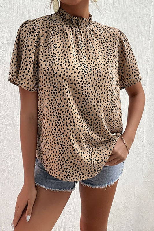 Leopard Ruffle Neck Puff Sleeve Blouse