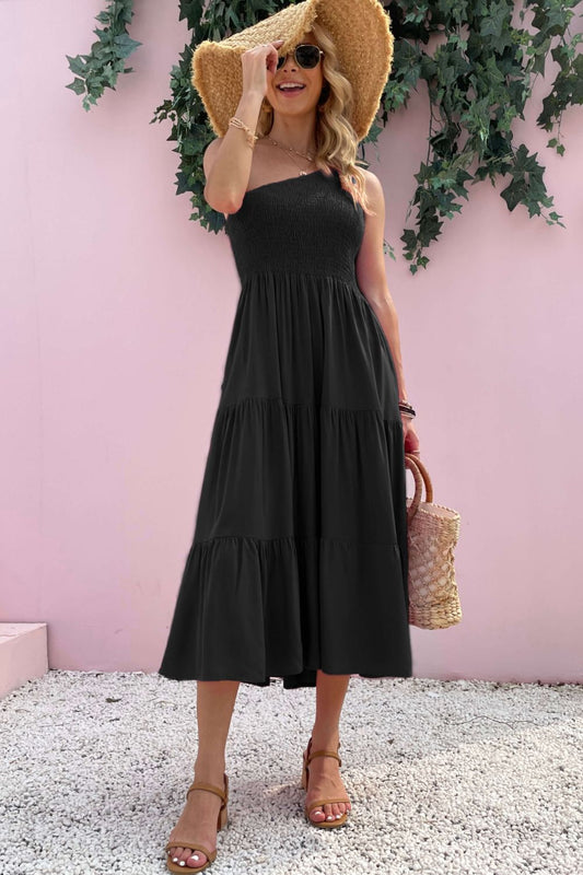 Smocked One-Shoulder Sleeveless Tiered Dress