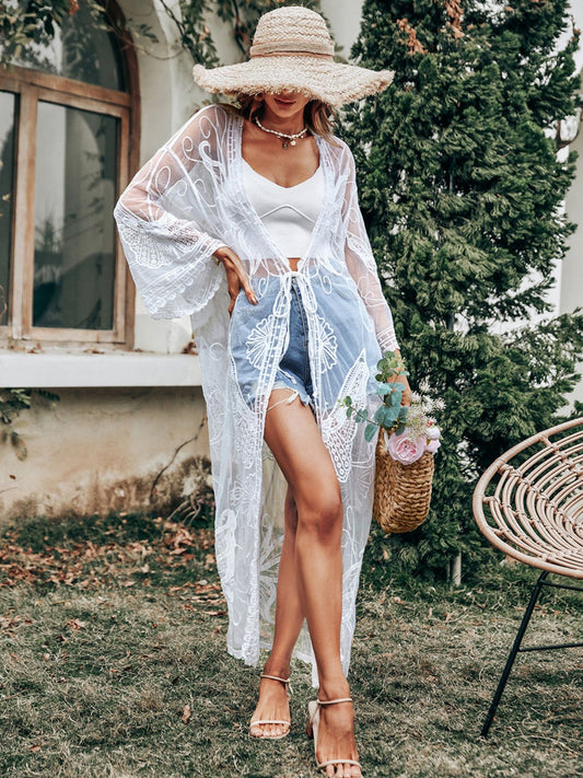 Lace Tie Front Bell Sleeve Duster Kimono